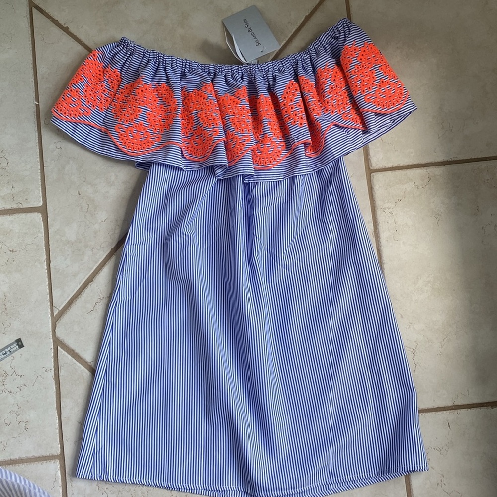 See and Be Seen Striped Off-the-Shoulder Dress small blue white orange
